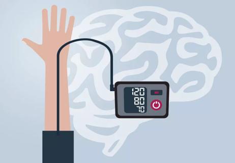 Taking a blood pressure check with an image of a brain in the background