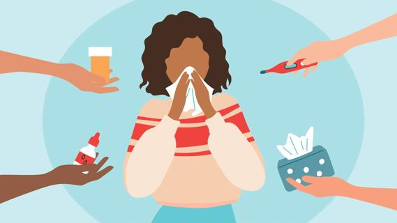 Person wiping nose with tissue, with hands offering runny nose remedies