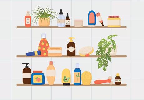 Bathroom shelves with a variety of skin care products.