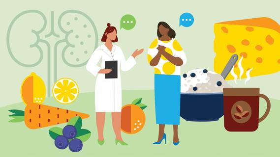 Healthcare provider discussing food that prevent kidney stones with patient, with oversized food and kidneys