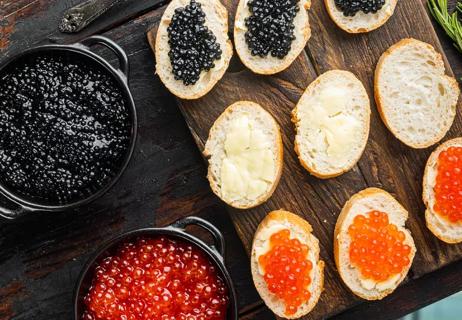 red and black caviar on baguettes