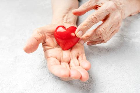 Senior's hands holding a red heart