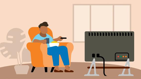 Person sitting in chair, holding drink, bowl of snacks and remote control in front of TV, getting ready to binge-watch