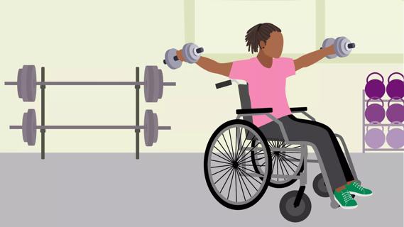 person in wheelchair lifting weights in gym
