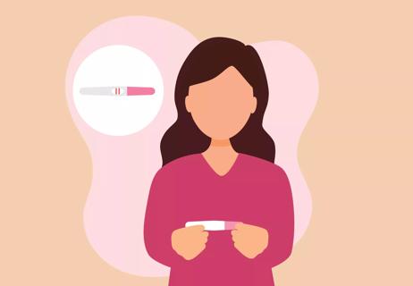 An illustration of a person reading a pregnancy test that shows two red lines as positive