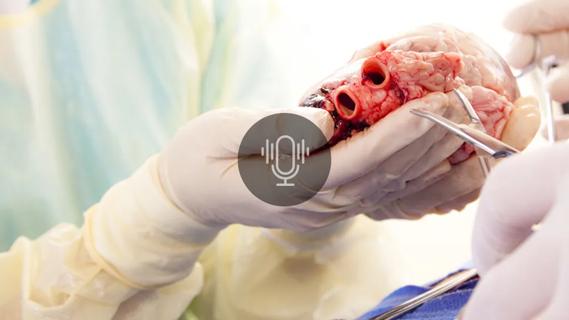 gloved hands holding a human heart with podcast overlay