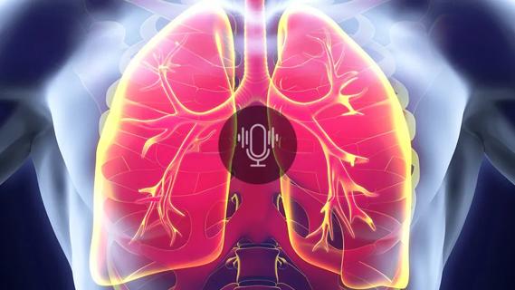 illustrated human lungs with a podcast icon overlay