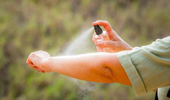 Person spraying bug repellent on their arm