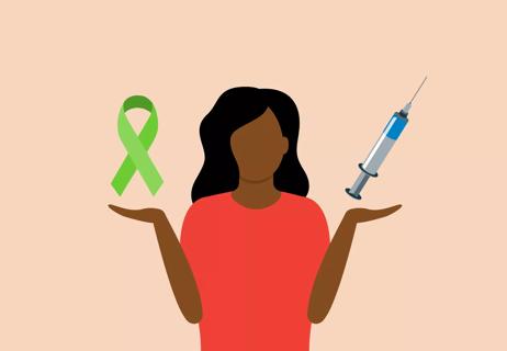 Illustration of person with raised hands. A syringe is over one hand; a green ribbon for lymphoma is above the other