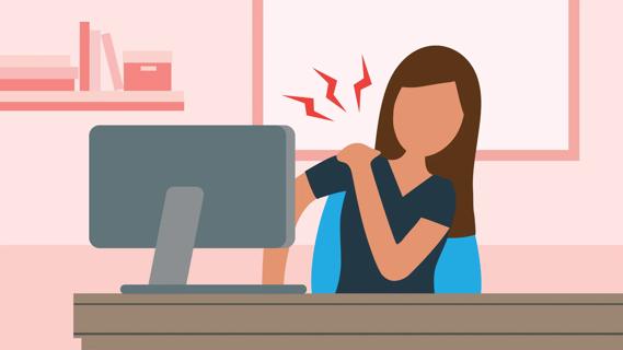 Person sitting a computer with upper back pain