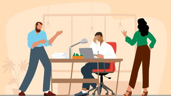 Stressed person sitting at desk at work, with two coworkers adding pressure
