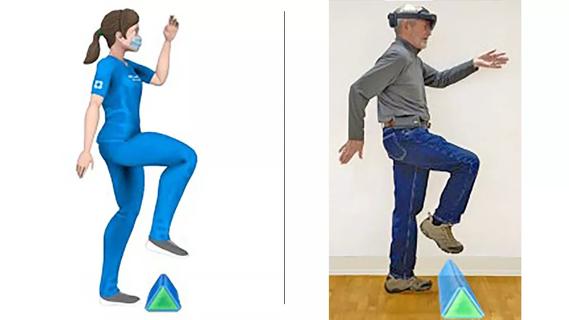 illustration of two people taking a gait test wearing augmented reality headsets