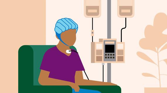Person receiving chemotherapy, wearing a cold cap