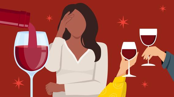 A person holding their head while a glass of red wine is filled, and two hands toast with red wine