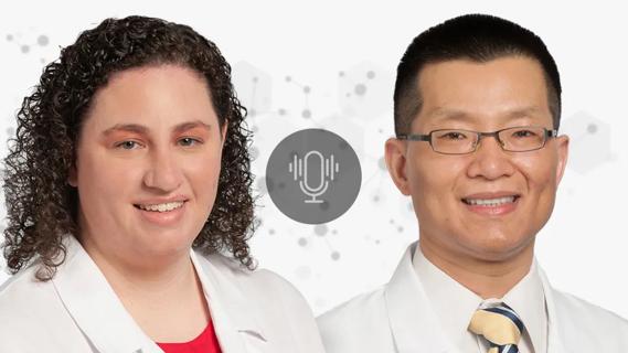 two doctors against a decorative background with podcast overlay in the middle