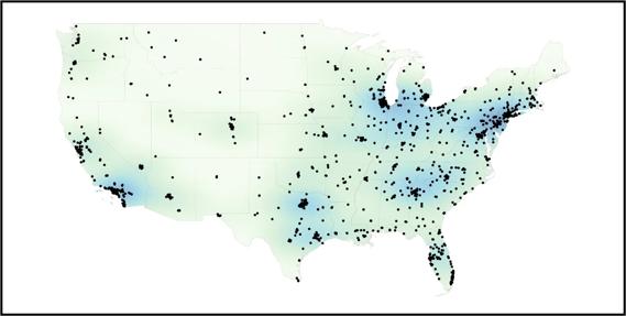 Map showing the geographic distribution and density of lung donors in the continental United States: