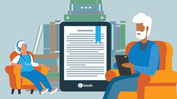 Older people listening to ebooks and reading ebooks ipad, with books in background