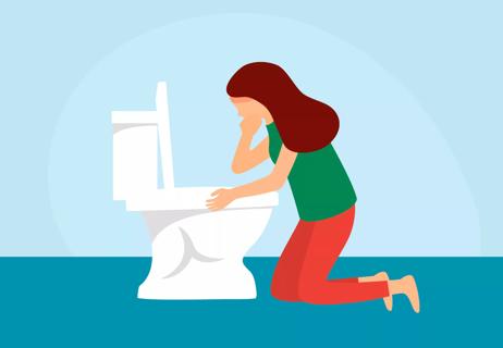Illustration of woman kneeling over toilet about to vomit