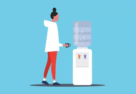 An illustration of a person filling their mug at a water cooler