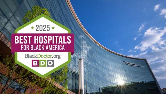 Cleveland Clinic's Miller Pavilion with a badge naming it one of the Best Hospitals for Black America by BlackDoctor.org.