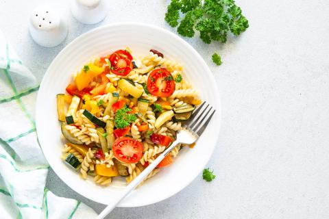 Bowl of Italian vegetable pasta salad