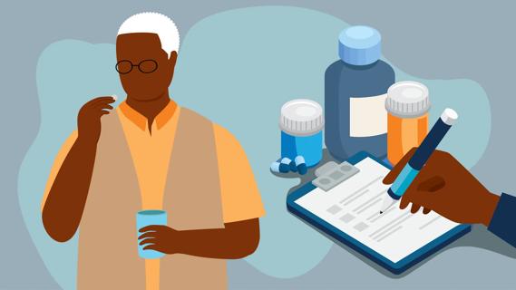 Person about to take medication with glass of water, and hand checking off medication list