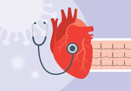 Covid virus in background with stethescope checking heart and EEG strip in back of heart.