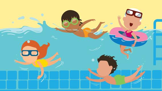 Children in brightly colored swimsuits swimming in a pool