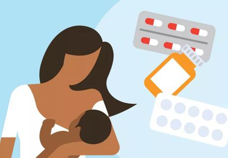 Person breastfeeding baby with different medication packets floating in background.