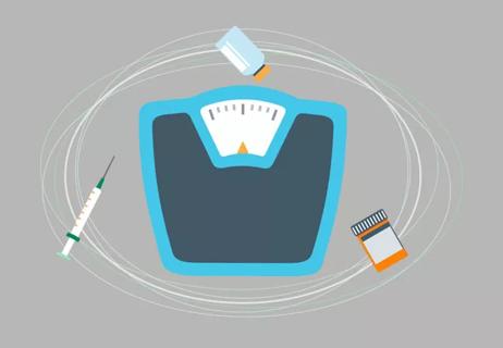 Medical scale with syringe and pill containers.