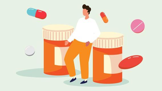 Person standing between two life-sized bottles of medication, with over-sized medications floating around