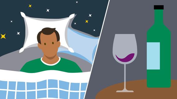 Person lying awake in bed at night/bottle of wine with empty glass