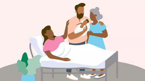 Mother post birth in medical bed, with partner holding new baby, and caregiver nearby