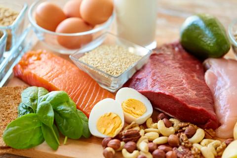 Healthy protein foods, including nuts, seeds, fish, eggs and lean meats