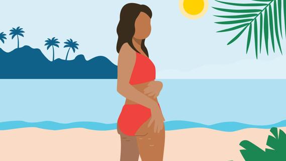 Person standing on beach in bikini, with sagging skin on butt and upper legs