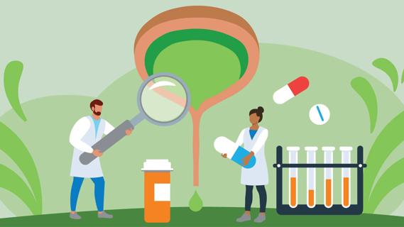 Healthcare providers and oversized magnifying glass, pill bottle, test tubes and bladder with green pee