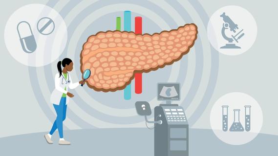 Healthcare provider looking at oversized pancreas with magnifying glass