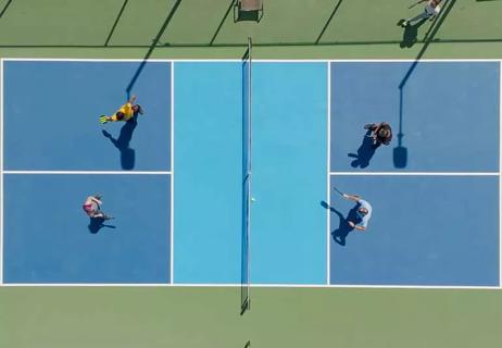 aerial view of doubles pickle ball match