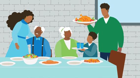 People gathered around holiday table getting ready to eat