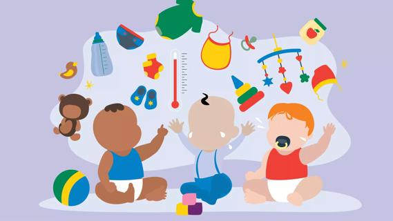 Three sick babies crying amidst toys and baby items