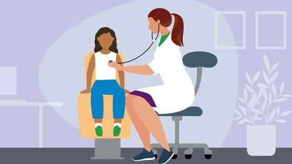 Healthcare provider using stethoscope on child in exam room