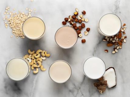 Assorted plant-based cups of milk, with associated product near each cup, with oat, cashew, hazelnut, almond, soy coconut