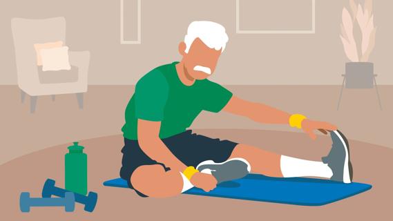 Older person sitting on yoga mat amidst workout gear, stretching hamstring