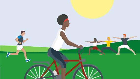 Person riding bike through park, with others jogging and doing yoga