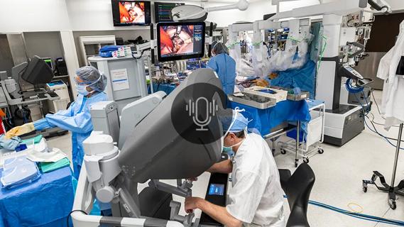 operating room during robotic surgery with podcast button overlay