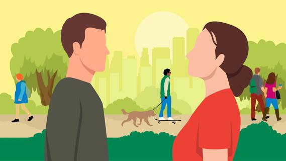 Two people with blank faces, facing each other in a park, with people in background