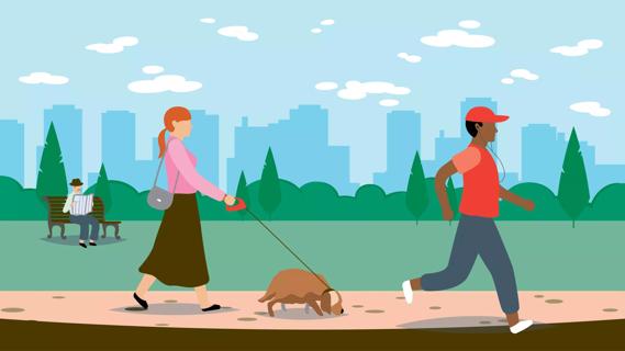 Person walking dog and person running in a park, with person sitting on a bench