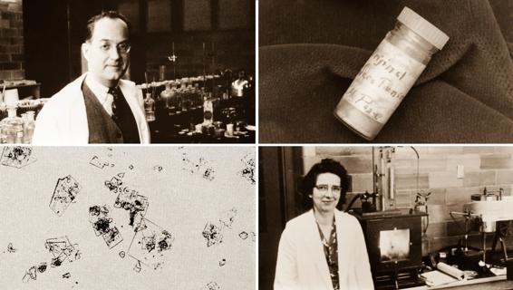 Images of Dr. Irvine Page, Dr. Arda Green, a vial of serotonin synthesized, and illustration of crystalline serotonin.