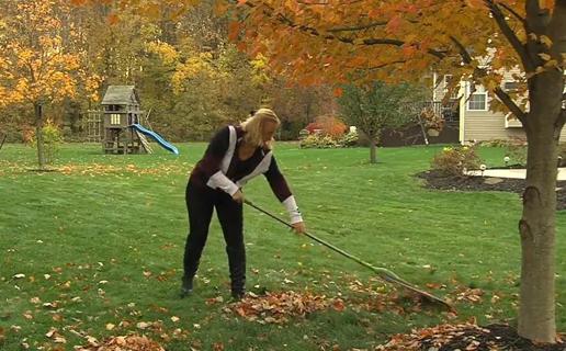 Woman raking leaves