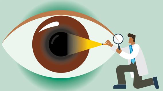 Eye doctor examines oversized eye with big magnifying glass and flashlight